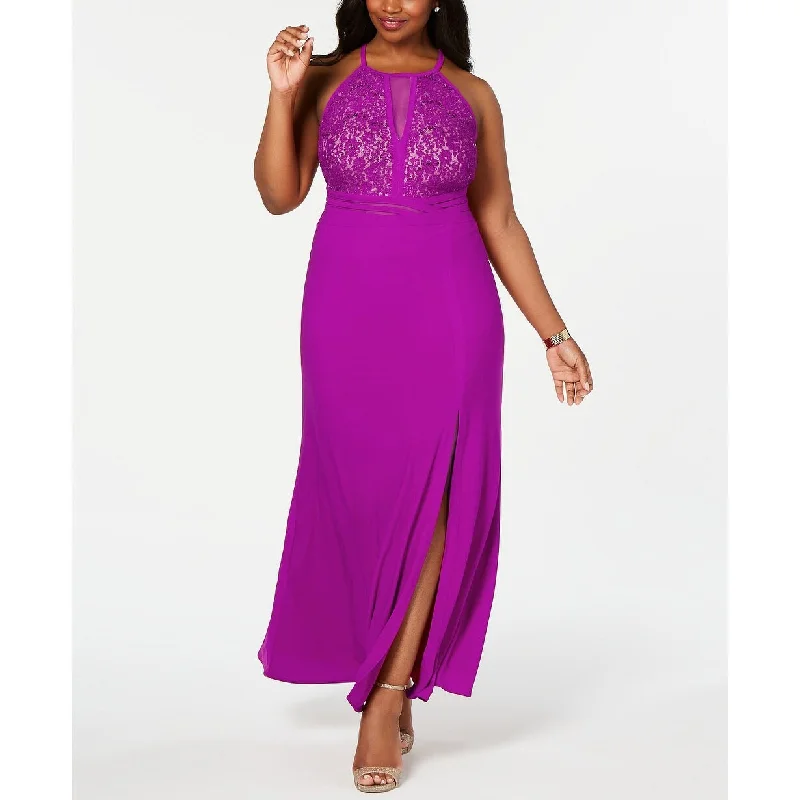 High Neck Long Evening Dress-Morgan & Company Women's Trendy Plus Size Open-Back Gown Purple Size 18W