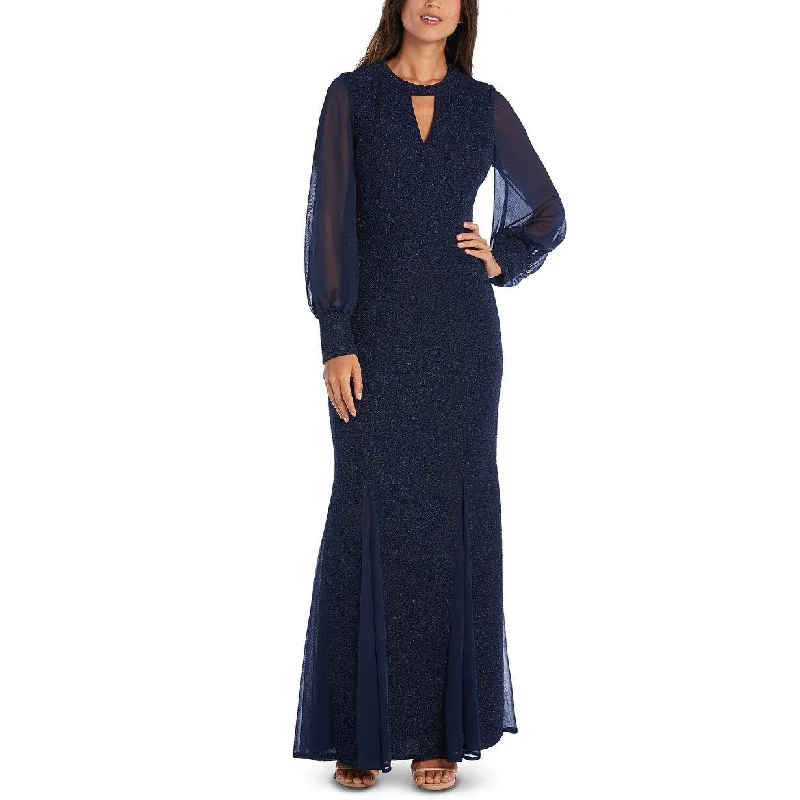 Floral Ruffle Evening Dress-Nightway Women's Long-Sleeve Keyhole Gown Navy Size 14