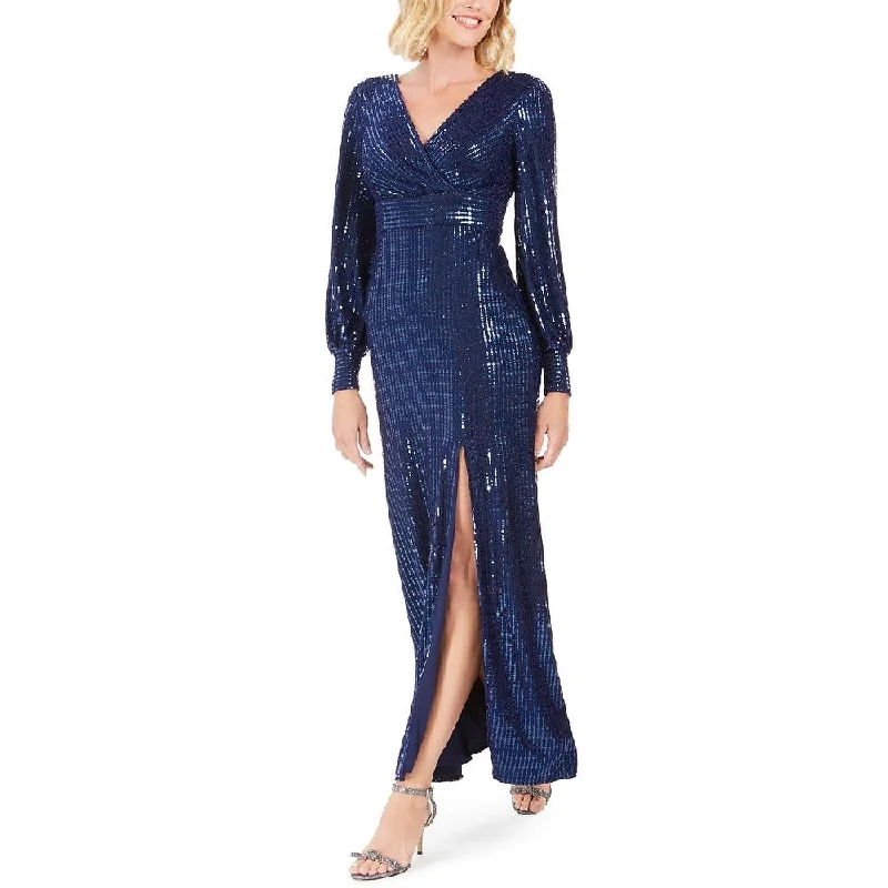 Trendy High Neck Evening Dress-Nightway Women's Sequin Wrap Gown Navy Size 14