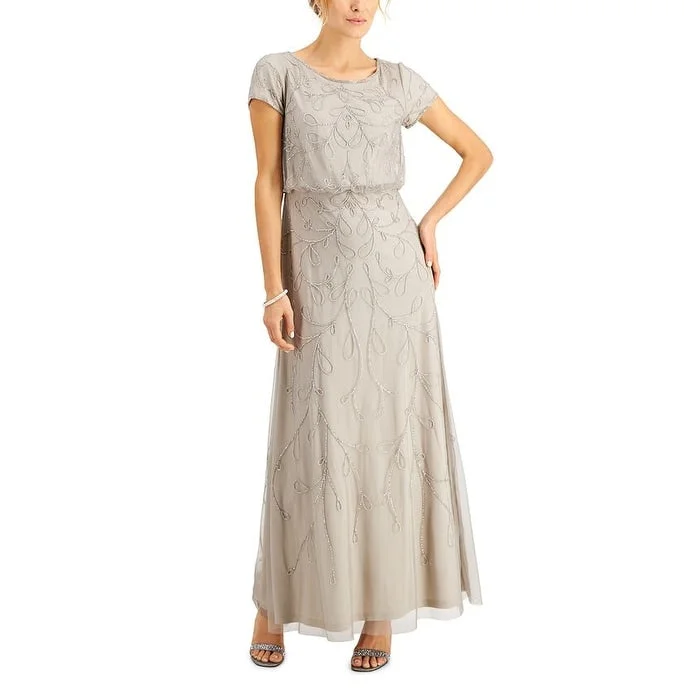 Sequin Boho Evening Dress-Papell Studio Women's Embellished Blouson Gown Gray Size 4