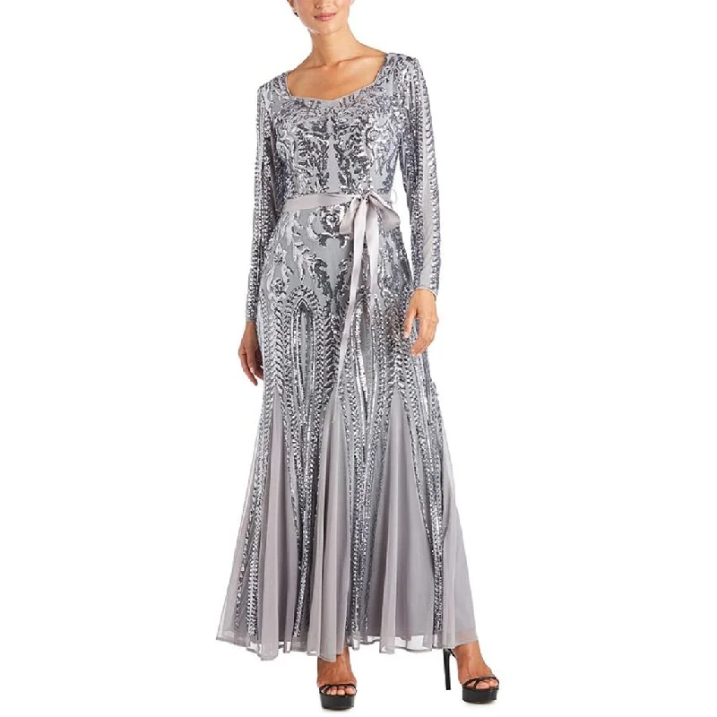 V Neck Green Evening Dress-R & M Richards Women's Embellished Godet Gown Silver Size 12 - Gray