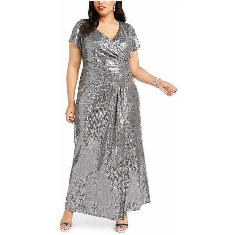 Animal Print Designer Evening Dress-R & M Richards Women's Plus Draped Sequined Gown Silver Size 16W