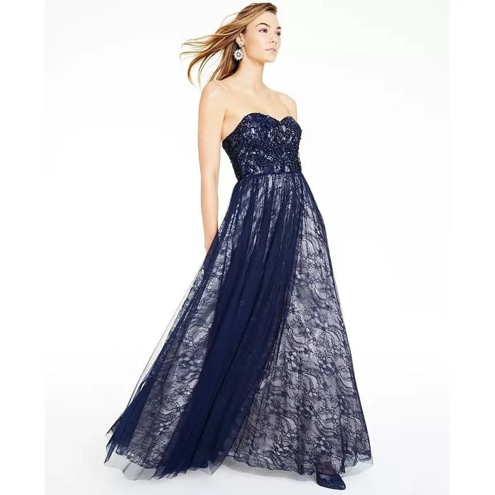 Embroidered Petite Evening Dress-Say Yes To The Prom Juniors' Sequin-Trim Strapless Lace Gown Navy Size 0