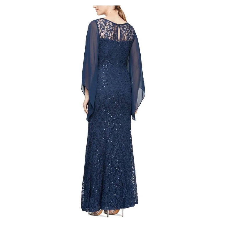 Sexy Off Shoulder Evening Dress-Sl Fashions Women's Embellished Illusion Lace Gown Blue Size 4