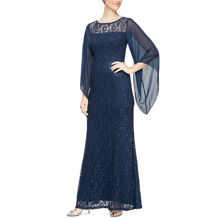 Satin High Neck Evening Dress-SL Fashions Women's Embellished Illusion Lace Gown Blue Size 6