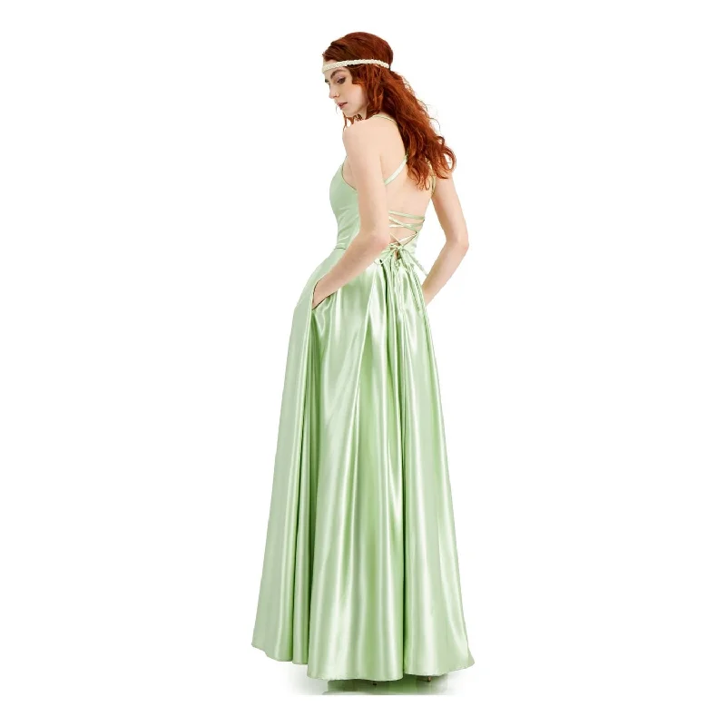 Lace Evening Dress-Speechless Junior's Lace Up Back Satin Gown Green Size 0