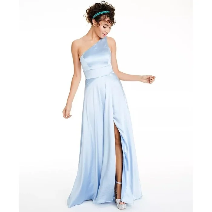 Beaded Ruffle Evening Dress-Speechless Juniors' One-Shoulder Satin Gown Med Blue Size 0