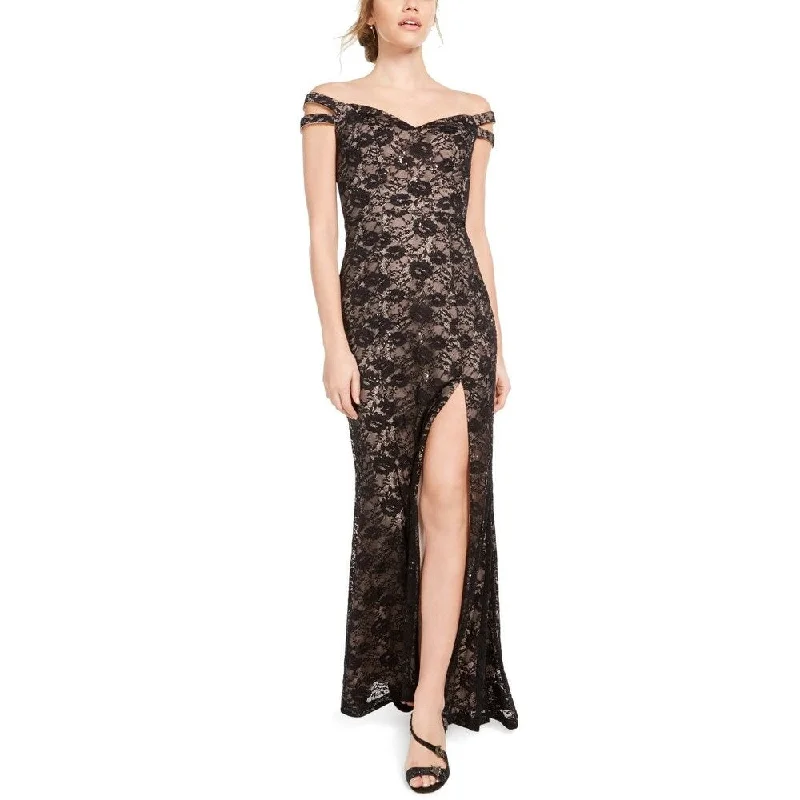 Cheap Lace Evening Dress-Teeze Me Junior's Nude Double Strap Floral Lace Gown Dress Black Size 11