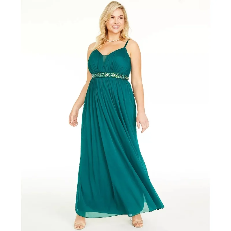 Sequin Boho Evening Dress-Teeze Me Women's Trendy Rhinestone Trim Gown Green Size 14