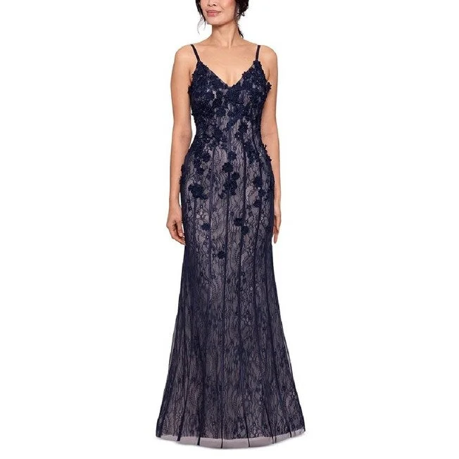 Silver Sleeveless Evening Dress-XSCAPE Women's 3D Floral Lace Trumpet Gown Blue Size 14