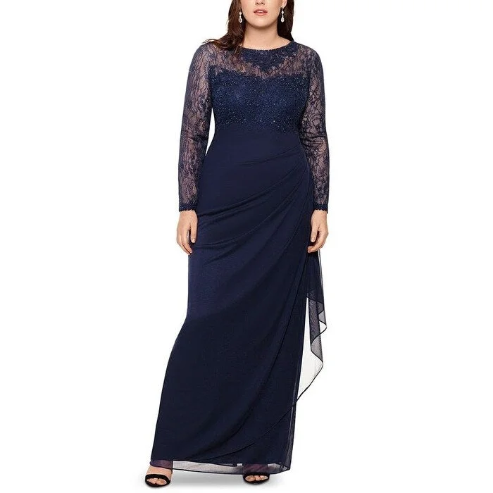 One Shoulder Short Evening DressXscape Women's Embroidered & Beaded Long Sleeve Gown Blue Size 22W