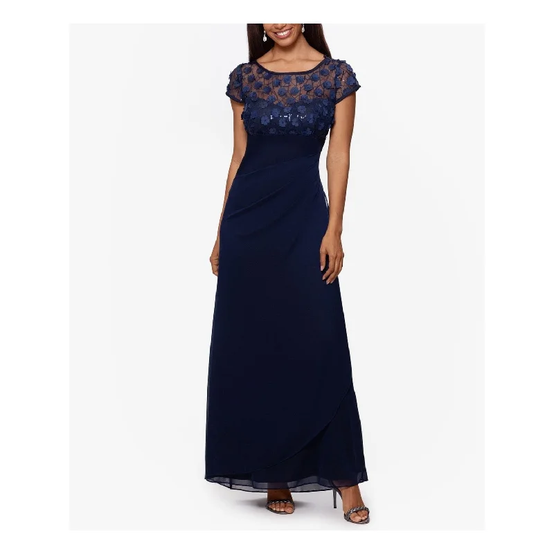 Sexy One Shoulder Evening Dress-XSCAPE Women's Flower Embellished Gown Blue Size 4Petite - 4P