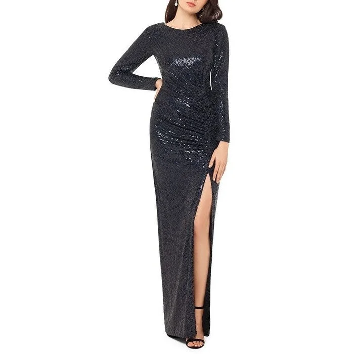 Floral Sequin Evening Dress-Xscape Women's Long-Sleeve Sequined Gown Black Size 14