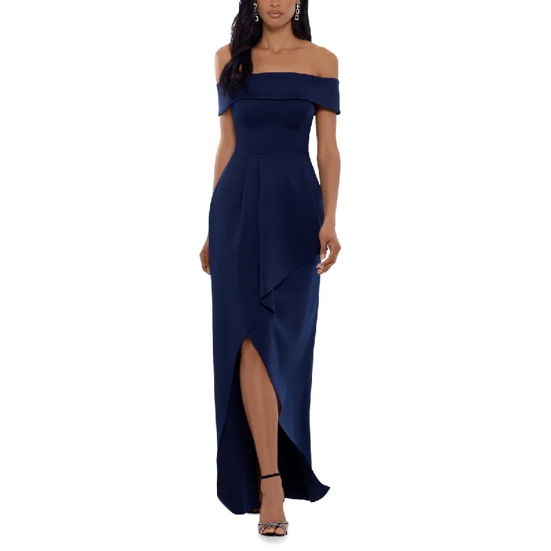 Cocktail Grey Evening Dress-XSCAPE Women's Off The Shoulder Asymmetrical Hem Gown Blue Size 6