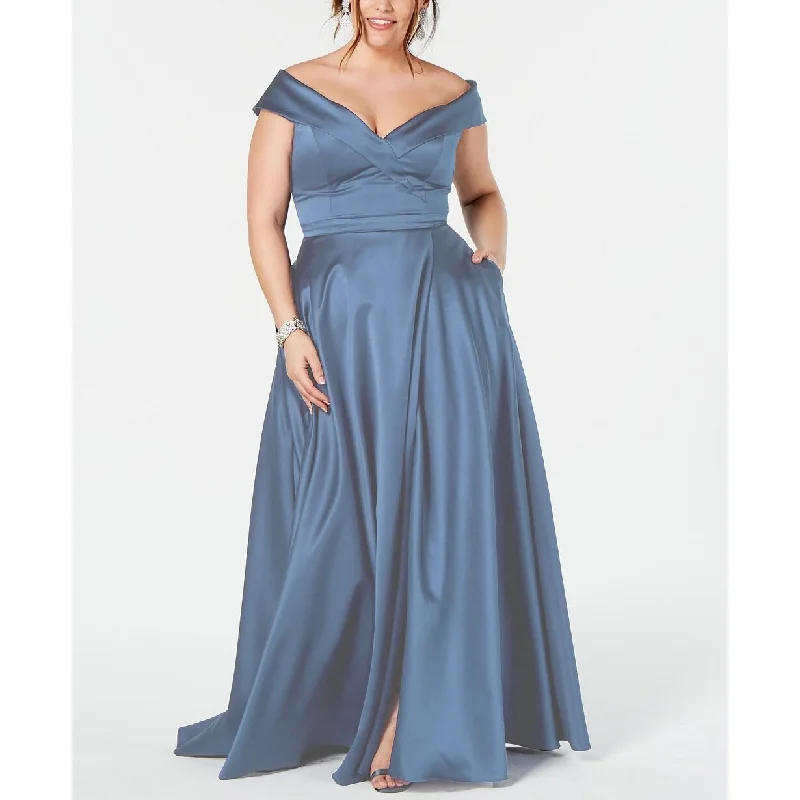 Beige Long Sleeve Evening Dress-Xscape Women's Plus Size Off-The-Shoulder Gown Blue Size 18W