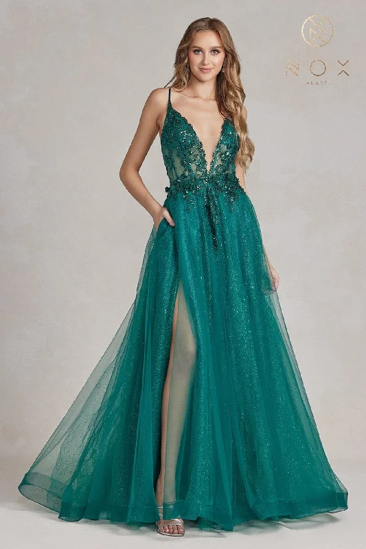 Party High Neck Evening Dress-Applique Glitter Tulle Slit Gown by Nox Anabel C1113