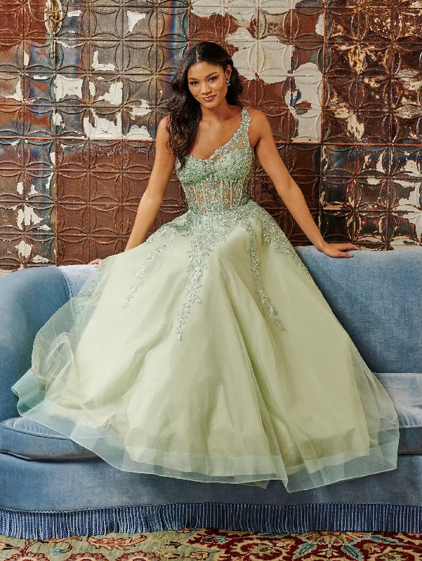 Green Embroidered Evening Dress-Applique One Shoulder Corset Gown by Tiffany Designs 16096