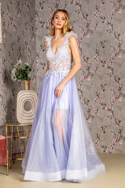 White Satin Evening Dress-Applique Sleeveless Sheer A-line Gown by GLS Gloria GL3393