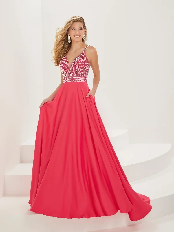 Satin Evening Dress-Beaded Crepe Chiffon A-line Gown by Tiffany Designs 16927