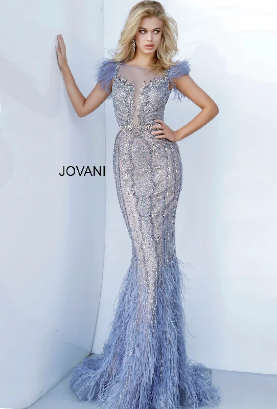 Strapless Evening Dress-Beaded Feather Fitted Sleeveless Gown by Jovani 02326