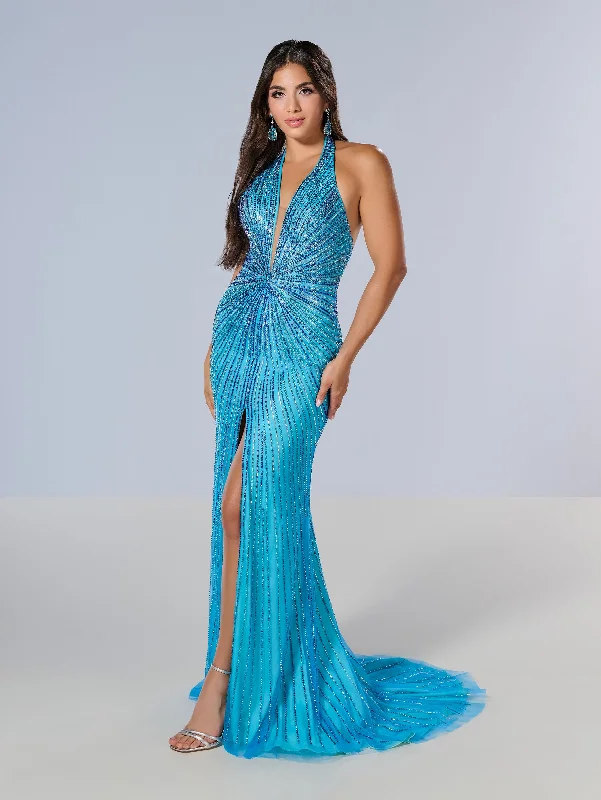 Boho Petite Evening Dress-Beaded Fitted Halter Slit Gown by Tiffany Designs 16205