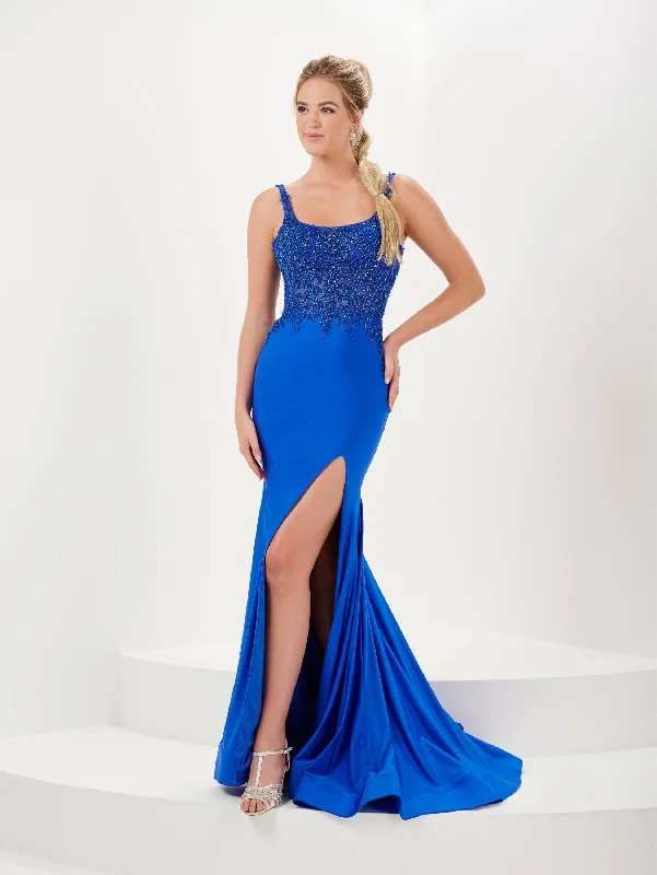 Embroidered Maxi Evening Dress-Beaded Jersey Sheer Corset Slit Gown by Tiffany Designs 16058