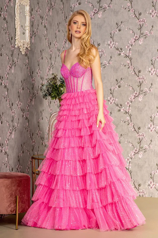 Maxi Evening Dress-Beaded Sheer Corset Tiered Ruffled Gown by GLS Gloria GL3463