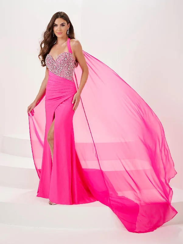 Elegant Halter Evening Dress-Beaded Spandex Halter Cape Slit Gown by Panoply 14175