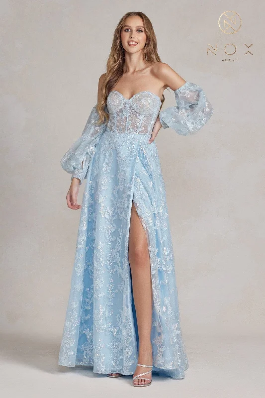 Ruffle Chiffon Evening Dress-Butterfly Applique Puff Sleeve Gown by Nox Anabel K1155