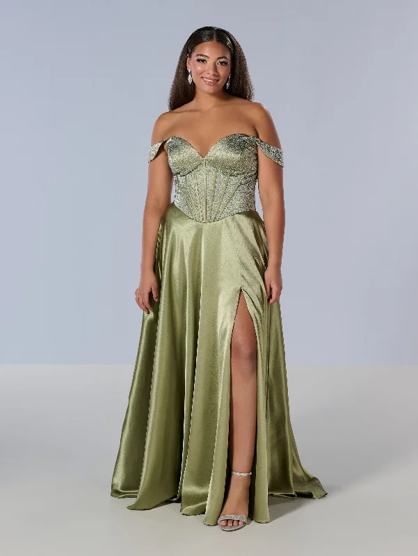 Sequin Ruffle Evening Dress-Curvy Beaded Off Shoulder Gown by Tiffany Designs 16204