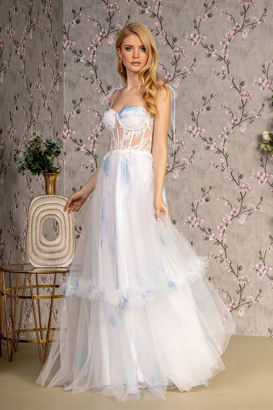 White Evening Dress-Embroidered Sheer Corset Tiered Gown by GLS Gloria GL3208