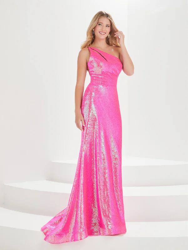 Prom Backless Evening Dress-Fitted Sequin One Shoulder Gown by Tiffany Designs 16006