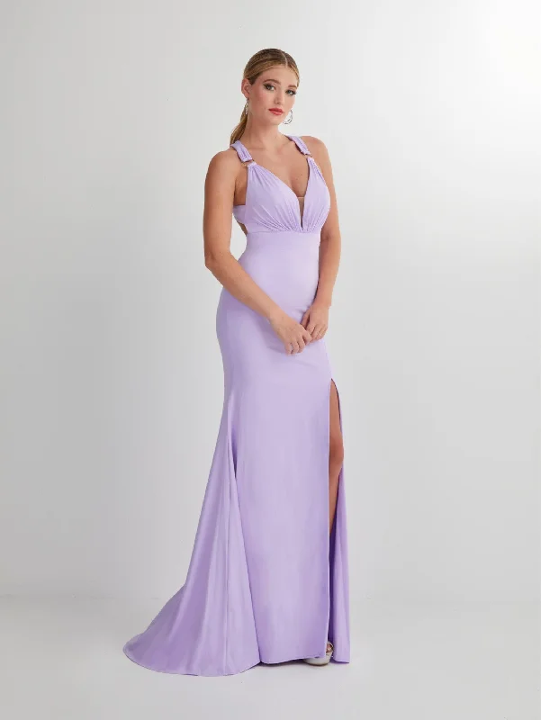 Silver Elegant Evening Dress-Fitted Spandex Sleeveless Slit Gown by Studio 17 12897