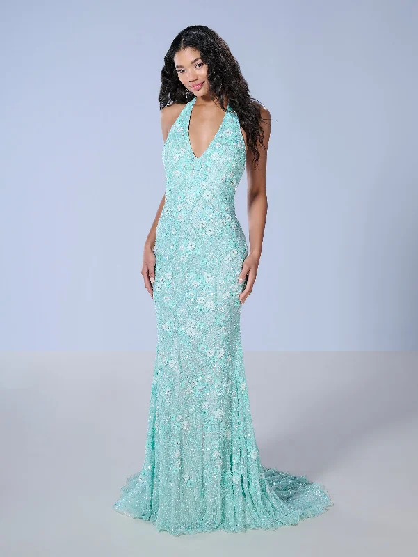 Long Sleeve Lace Evening Dress-Floral Beaded Fitted Halter Gown by Tiffany Designs 16141