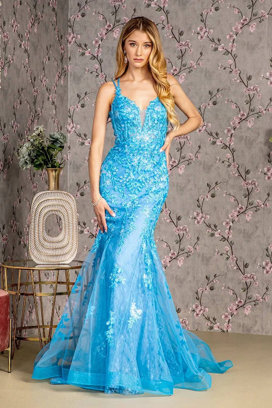 Silk Embroidered Evening Dress-Floral Applique Sleeveless Mermaid Dress by GLS Gloria GL3333