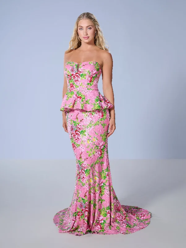 Strapless Velvet Evening Dress-Floral Print 2-Piece Strapless Gown by Tiffany Designs 16140