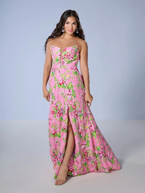 Sleeveless Silk Evening Dress-Floral Print Strapless Slit Gown by Tiffany Designs 16143