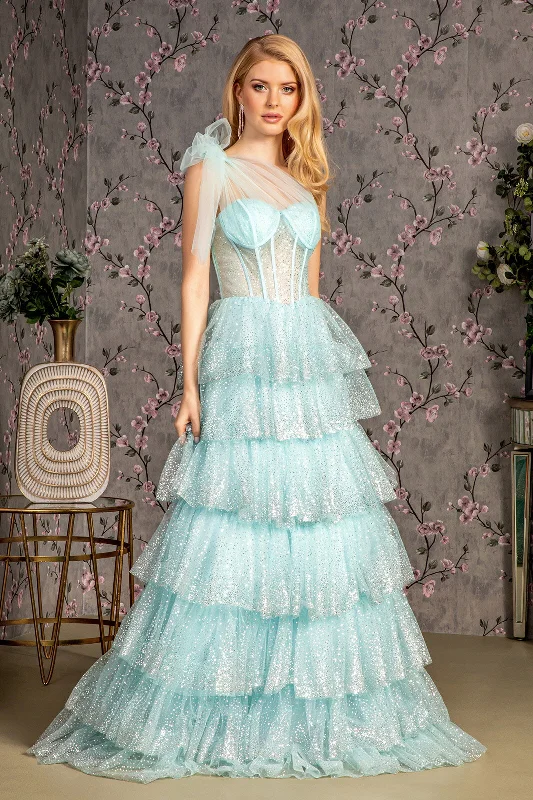 Polka Dot V Neck Evening Dress-Glitter One Shoulder Tiered Ruffled Gown by GLS Gloria GL3454