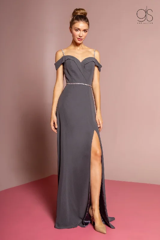 Satin High Neck Evening Dress-Long Cold Shoulder Dress with Side Slit by Elizabeth K GL2665