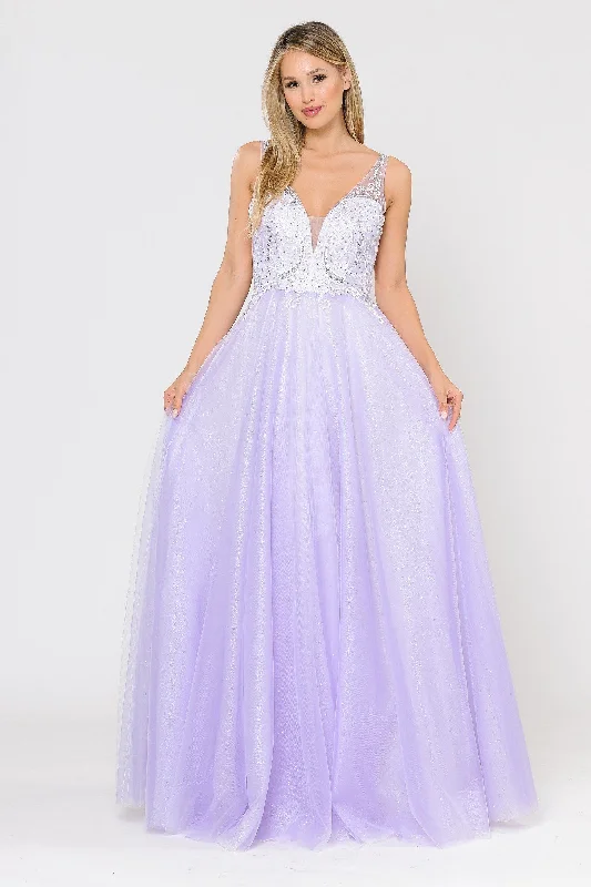 Velvet Purple Evening Dress-Long Glitter Dress with Embroidered Bodice by Poly USA 8354