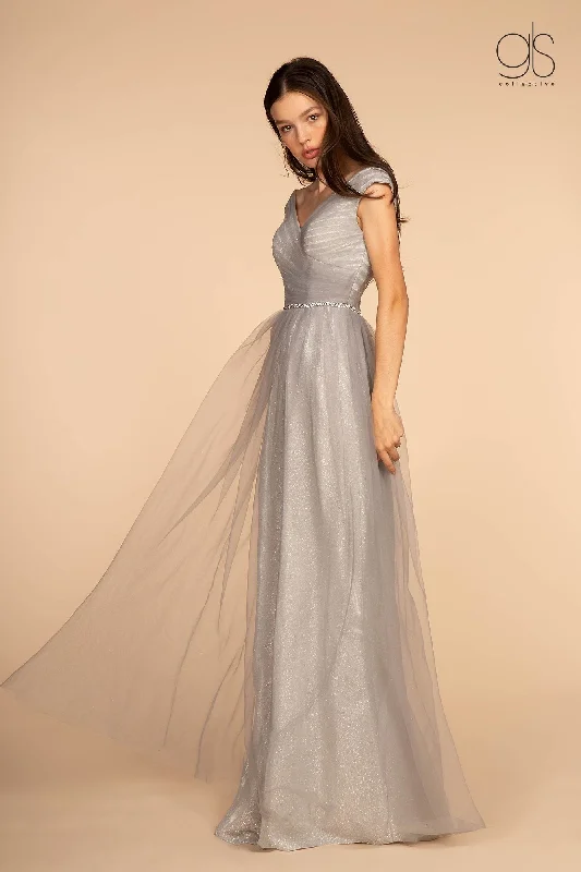 Strapless Blue Evening Dress-Long Ruched V-Neck Dress with Jeweled Waistband by Elizabeth K GL2560