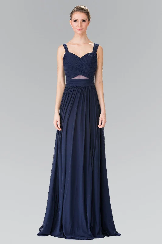 Petite Navy Evening Dress-Long Sleeveless Pleated Dress with Front Cutout by Elizabeth K GL2366