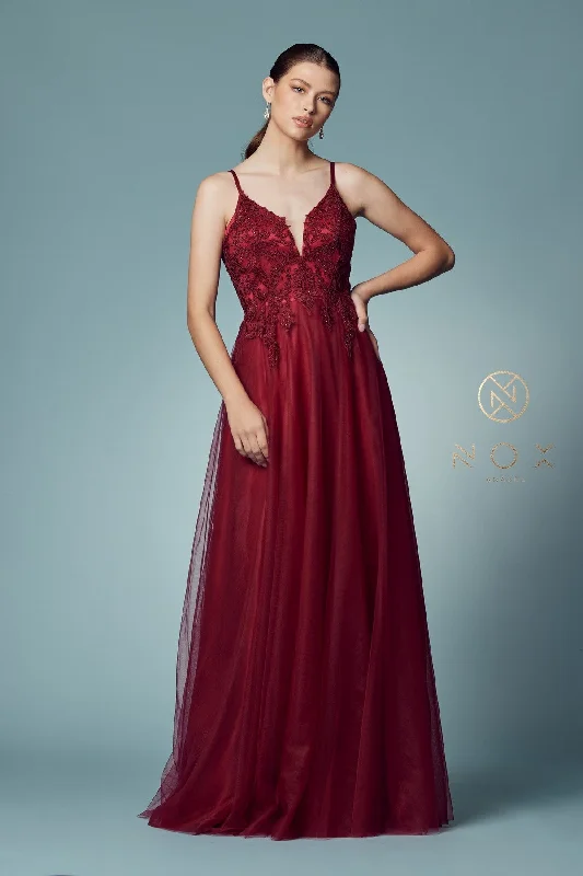 Geometric Teens Evening Dress-Long Tulle Embroidered Bodice Dress by Nox Anabel R357