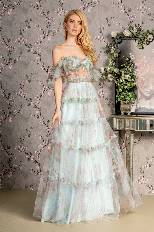 Satin High Neck Evening Dress-Print Off Shoulder Ruffled A-line Gown by GLS Gloria GL3394