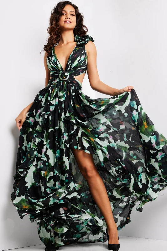 Navy Off Shoulder Evening Dress-Print Sleeveless A-line Slit Gown by Jovani 39420