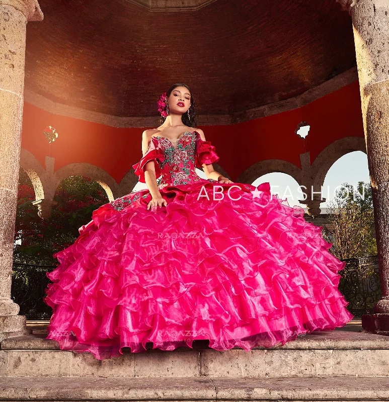 Mesh Evening Dress-Ruffled Floral Charro Quinceanera Dress by Ragazza M44-144