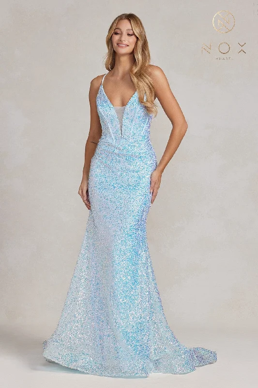 Sequin Ruffle Evening Dress-Sequin Deep V-Neck Mermaid Gown by Nox Anabel C1094