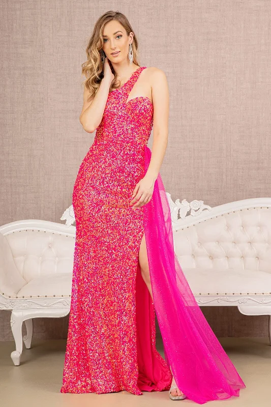 Lace Evening Dress-Sequin One Shoulder Slit Gown by Elizabeth K GL3133