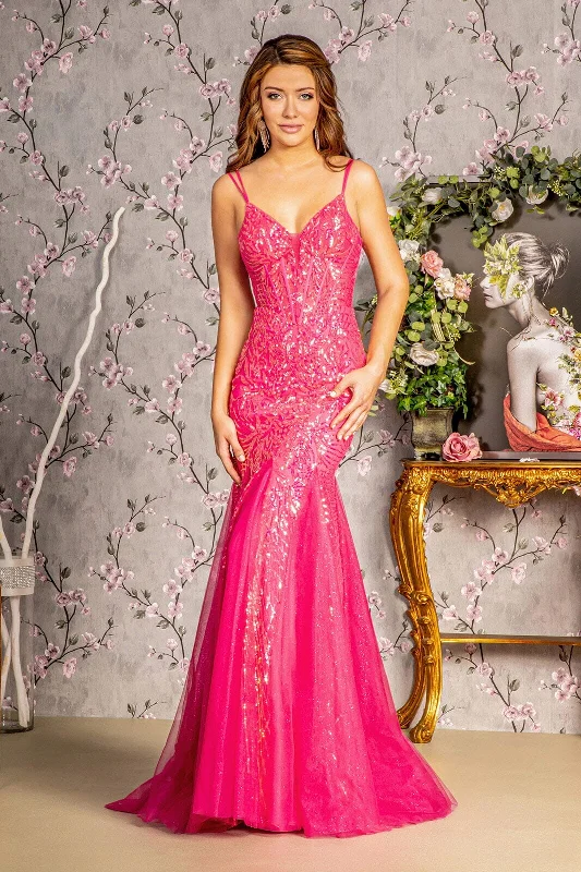 Halter Pink Evening Dress-Sequin Print Corset Mermaid Dress by GLS Gloria GL3228