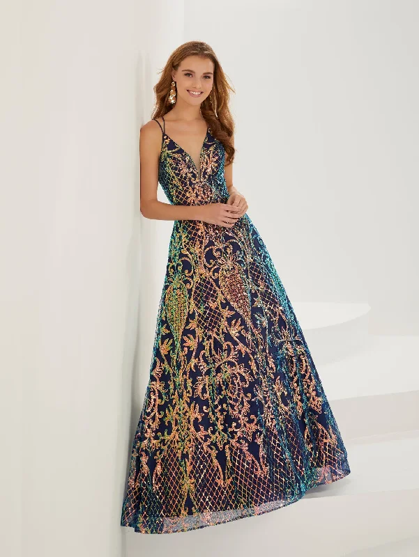 Teens Sleeveless Evening Dress-Sequin Print Illusion V-Neck Gown by Tiffany Designs 16951